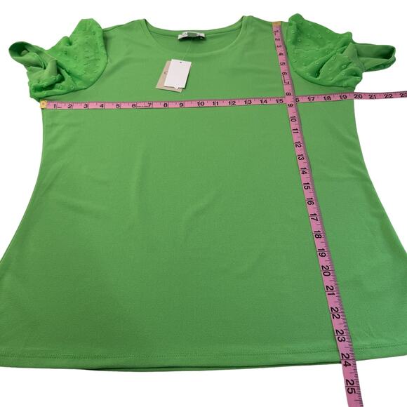 Carmen Womens Blouse Large Green Sheer Puff Sleeve Mixed Media Stretch Knit Top‎ - Picture 10 of 10